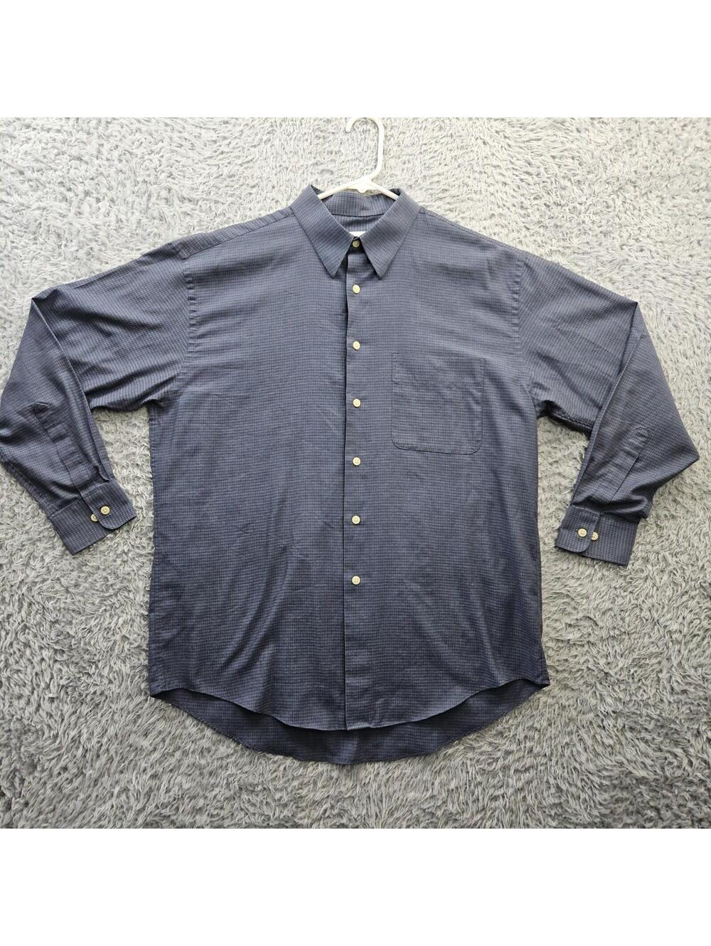 Yves Saint Laurent Dress Shirt 16 32-33 Blue Houndstooth Lightweight 3/4 Sleeve